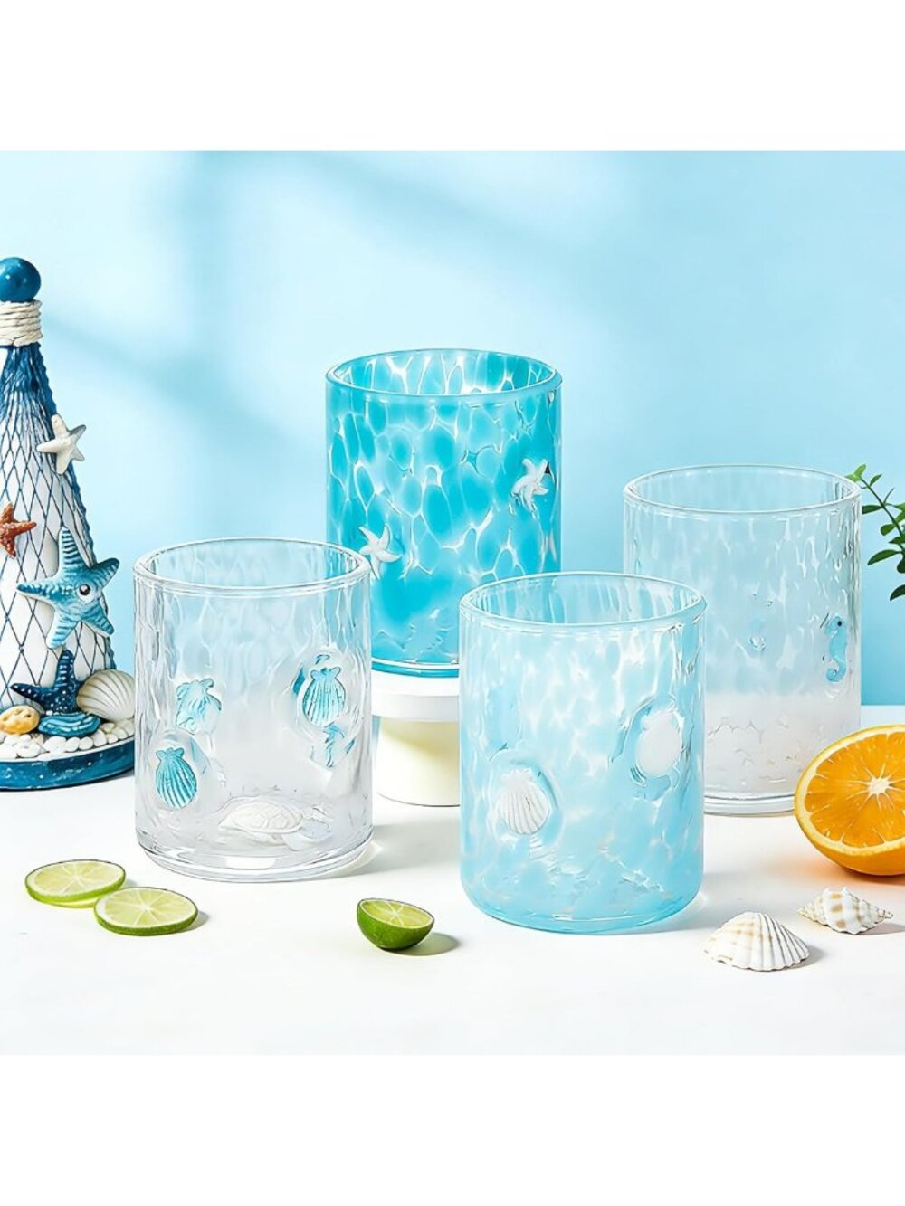 Summer Coastal 4Pcs Stemless Juice & Wine Glass Set - Ocean Icon Drinkware